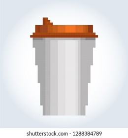 Paper or plastic white coffee cup with an orange lid. Gray-blue gradient background. Pixel art.