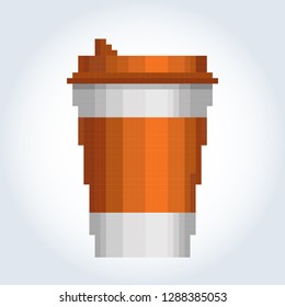 Paper or plastic white coffee cup with an orange label and orange lid. Gray-blue gradient background. Pixel art.