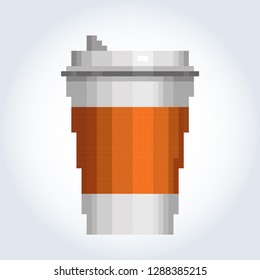 Paper or plastic white coffee cup with an orange label and white lid. Gray-blue gradient background. Pixel art.