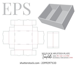 Paper plate template with separation, vector with die cut, laser cut lines. Self locking, cut and fold packaging design. White clear blank plate mock up isolated on white background, illustration.