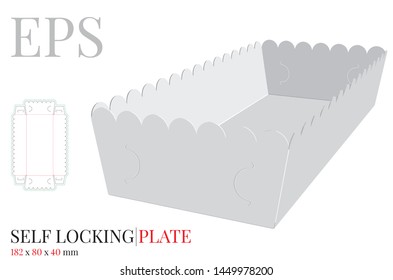 Paper Plate Template. Vector with die cut / laser cut lines. Self Lock Packaging Design without glue. French Fries Plate. White, clear, blank, isolated Plate mock up on white background