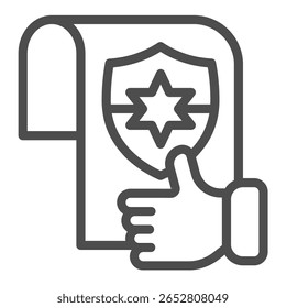 Paper with police emblem and thumb up hand line icon, police force concept. Vector graphics. Hand with award document sign on white background, outline style icon for mobile or web design