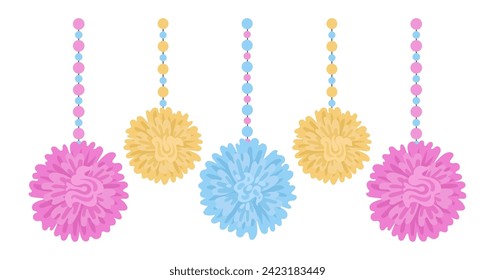 Paper pom poms. Hanging Birthday party or Easter decorations, multicolor paper garlands flat vector illustration. Cute paper party decor