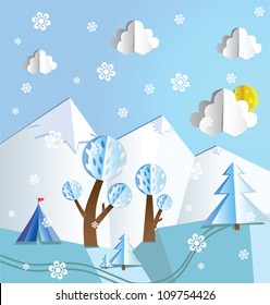 Paper Pop Up Beautiful Landscape - Snow Peaks, Trees, Snowflakes And Tourist's Tent.