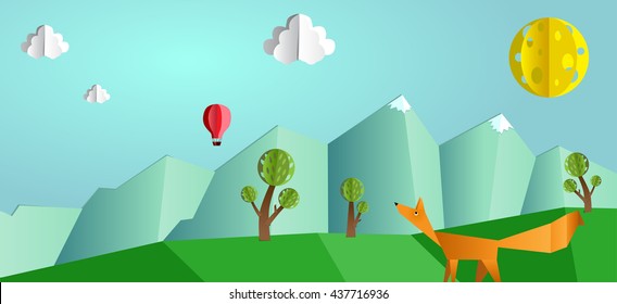 Paper Pop Up Beautiful Landscape - Snow Peaks, Trees And Fox.