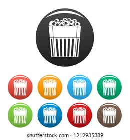 Paper popcorn box icons set 9 color vector isolated on white for any design