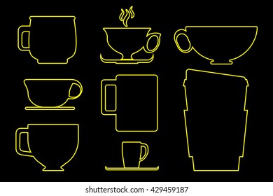 Paper and porcelain coffee cup outlined in yellow vector illustration on black background, outlined cup silhouette on black, cup style illustration, cup clipart, paper cup and ceramic cup in neon line
