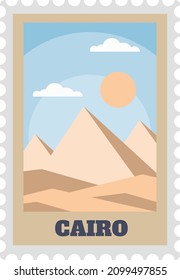 Paper post stamp with cairo sightseeing, old pyramids. Vector postage egypt architecture, africa cairo travel illustration, mail postal label