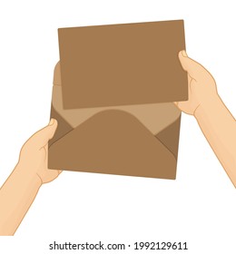 Paper postcard and envelope are in hands. Vector mockup in craft colors. Isolated illustration on white background can be used for invitations, sales info, postcards, memories