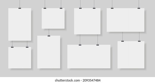 Paper poster hanging on clip and string, photo gallery mockups. Empty picture canvas display. Realistic paper pages board on wall vector set. Illustration of page blank mockup