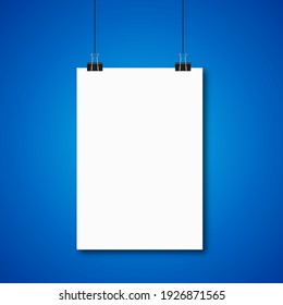 Paper poster mockup design on blue background. Paper sheet blank template. Frame on wall portfolio concept. gallery. Vector illustration eps 10