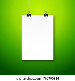 Paper poster mockup design. Paper sheet blank template. Frame on wall portfolio concept. Vector gallery.