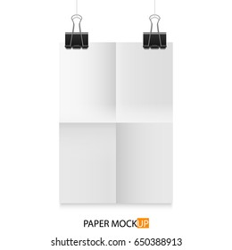 Paper poster for text, backgrpund mock up. Realistic black paper clamp. For Your business project. Vector Illustration