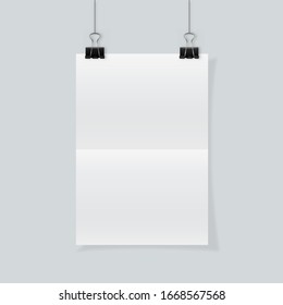 Paper poster. White blank sheet folded in two hanging on wall. Poster template isolated on transparent background. Vector clean mockup