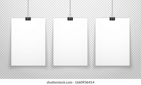 Paper poster. White blanks sheets hanging on wall. Three posters template isolated on transparent background. Vector clean mockup