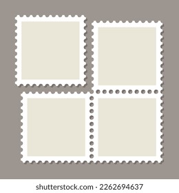 Paper postmarks. Triangular perforated labels set. Empty postal stamp. Post frames. Postagestamps for mail letter. Blank borders isolated on gray background. Vector illustration.