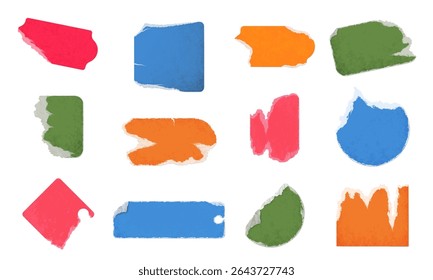 Autocolantes de preço de papel. Etiquetas retro com bordas desgastadas rasgadas, etiquetas de produto coloridas antigas rasgadas em várias formas e emblemas de papel adesivo texturizado realista para conjunto de vetor scrapbooking.