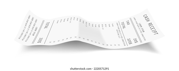 Comprobación de impresión de papel y elemento vector de lista. Objeto aislado de tickets de venta al por menor, factura de atm realista, factura financiera, recibo de efectivo. Cheque fiscal del documento de pago