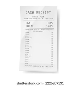 Paper print check, cash receipt template, bill vector element. Pay document fiscal check, retail ticket realistic atm bill, financial invoice, cash receipt