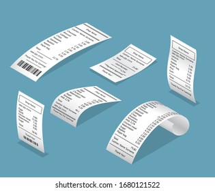 Paper Print Check Receipts Bill List for Store 3d Icon Set Isometric View. Vector illustration of Icons