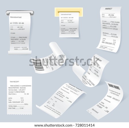 Paper print check vector elements. Shop reciept, retail ticket isolated object, realistic financial atm bill, cash dispenser financial invoice. Receipt records sale of goods or provision of service