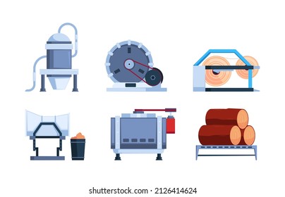 Paper production. Cardboard factory machines industry printing tools processing paper industry garish vector flat pictures