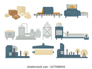 Paper Production. cardboard and paper making processes industry stages. Vector illustrations isolated