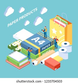 Paper production concept with finished products symbols isometric vector illustration