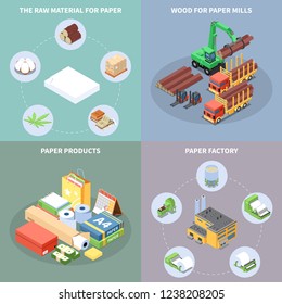 Paper Production Concept Icons Set With Paper Factory Symbols Isometric Isolated Vector Illustration