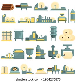 Paper production icons set. Cartoon set of paper production vector icons for web design