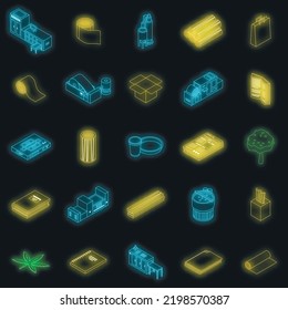 Paper Production Icons Set. Isometric Set Of Paper Production Vector Icons Neon Color On Black