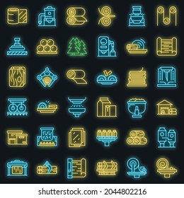 Paper Production Icons Set. Outline Set Of Paper Production Vector Icons Neon Color On Black