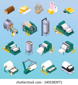 Paper Production Icons Set With Wood And Press Symbols Isometric Isolated Vector Illustration