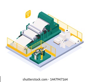 Paper production industry with newspaper and press symbols isometric  vector illustration