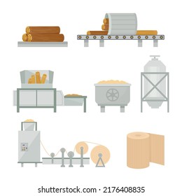 Paper Production. industry stages of making paper from wooden lumbers. Vector cartoon pictures set