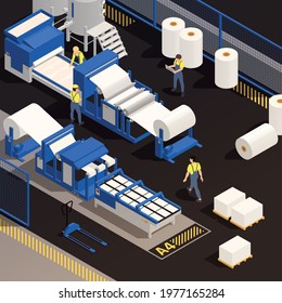 Paper production isometric colored composition with factory employees working in the production of paper vector illustration