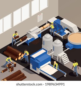 Composición isométrica de la producción de papel con trabajadores que trabajan en plantaciones de aserrado de fábricas y mantenimiento de maquinaria