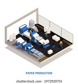 Paper production isometric concept with an isolated part of the room with the factory shop where paper is pressed vector illustration