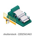 Paper production isometric icon with pressing equipment and worker 3d vector illustration