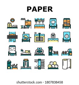 Paper Production Plant Collection Icons Set Vector. Wood Chips And Chemical Recovery, Evaporator And Pulp Washing, Bleaching And Paper Make System Color Contour Illustrations