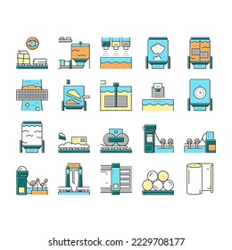 Paper Production Plant Collection Icons Set Vector. Wood Chips And Chemical Recovery, Evaporator And Pulp Washing, Bleaching And Paper Make System Color Contour Illustrations