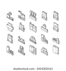 Paper Production Plant Collection isometric icons set. Wood Chips And Chemical Recovery, Evaporator And Pulp Washing, Bleaching And Paper Make System Color Contour .