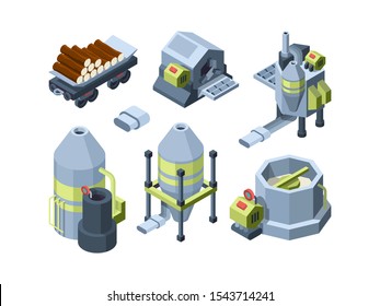 Paper production. Press equipment plants industry making office print and toilet paper cardboard print house vector isometric. Production paper equipment, factory processing 3d operation illustration