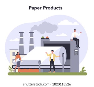 Paper production and wood industry concept. Paper factory process. Cutting wood and making paper. Global industry classification standard. Isolated flat vector illustration