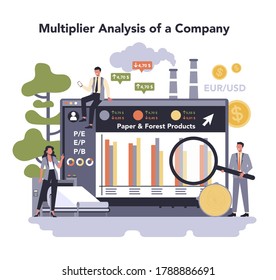 Paper production and wood industry online service or platform. Paper factory process. Multiplier analysis of a company. Vector illustration