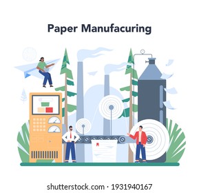 Paper production and wood processing concept. Paper factory process. Cutting wood and making paper and cardboard. Isolated flat vector illustration