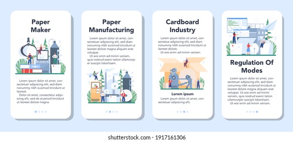 Paper production and wood processing mobile application banner set. Paper factory process. Cutting wood and making paper and cardboard. Isolated flat vector illustration