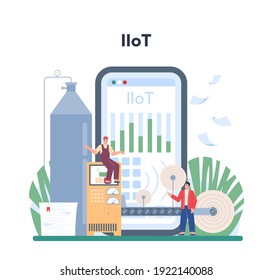 Paper production and wood processing online service or platform. Cutting wood and making paper and cardboard. Online IIoT. Isolated flat vector illustration