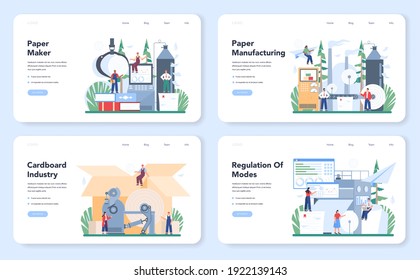 Paper production and wood processing web banner or landing page set. Paper factory process. Cutting wood and making paper and cardboard. Isolated flat vector illustration