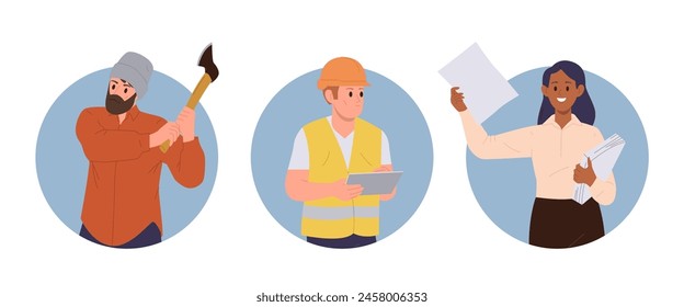 Paper production workers cartoon character round composition with lumberjack, operator, saleswoman